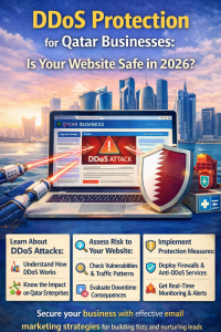 “Cybersecurity-themed illustration showing a secure server shield, digital firewall, and network protection elements, representing DDoS protection for Qatar businesses in 2026.”