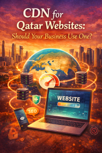 Illustration of CDN for Qatar websites showing fast global content delivery, secure servers, and improved website performance for businesses in Qatar.