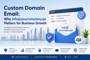 Custom Domain Email example showing info@yourcompany.qa for professional business communication in Qatar