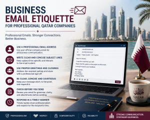 Professional corporate team in Qatar office using laptops and sending business emails in a modern workspace