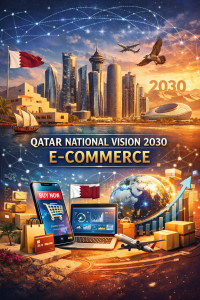 Illustration representing Qatar National Vision 2030 E-Commerce with digital transformation icons, futuristic Qatar skyline, and modern online business elements.