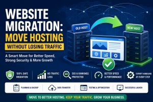 Modern website migration concept showing secure server transfer, cloud hosting infrastructure, SEO analytics, and traffic monitoring during a hosting migration process.