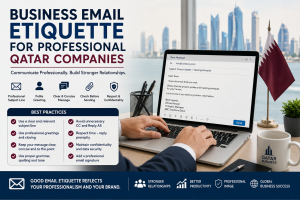 Professional corporate team in Qatar discussing business email communication and workplace etiquette in a modern office environment