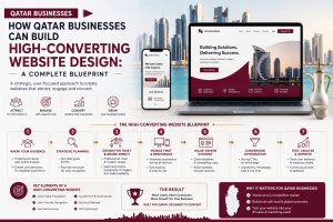 How Qatar Businesses Can Build High-Converting Website Design – infographic showing website optimization, mobile responsiveness, conversion strategy, and digital marketing elements for Qatar businesses.