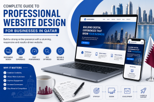 Modern website design concept featuring responsive desktop and mobile interfaces with Qatar-inspired elements, representing professional web design solutions for businesses.