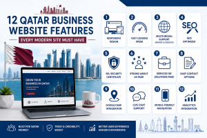 Modern business website displayed on a laptop with digital interface elements representing essential website features for companies in Qatar