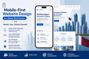 Professional mobile-first website design displayed across smartphone, tablet, and desktop screens, showcasing a responsive business website optimized for Qatar businesses to improve user experience, SEO rankings, and online growth.