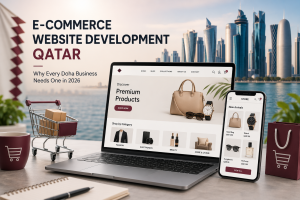 Modern e-commerce website displayed on a laptop and smartphone with online shopping elements, product listings, and Doha skyline in the background, representing digital business growth in Qatar.