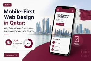Mobile-first web design concept in Qatar featuring a smartphone displaying a responsive website, Qatar skyline, and digital marketing elements highlighting mobile browsing trends.