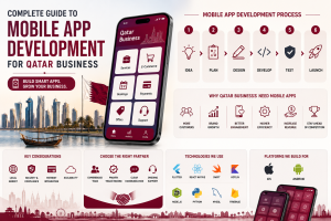 Illustration of mobile app development for Qatar businesses featuring a smartphone, app development icons, and a modern Qatar skyline in a maroon and white theme.