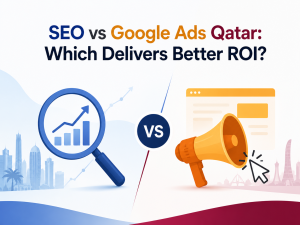 SEO vs Google Ads Qatar graphic, Doha skyline