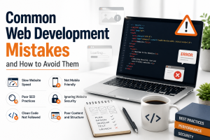Developer identifying common web development mistakes and implementing best practices to improve website performance, SEO, security, and user experience.